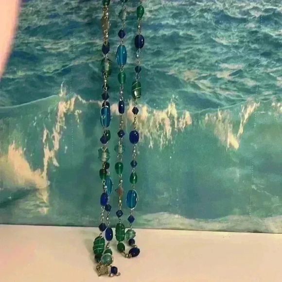 Blue Green Long Vintage Beaded Silver Tone Glass Necklace 30” - Picture 12 of 13